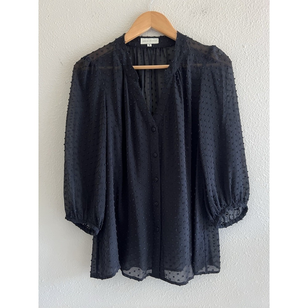 Annie Griffin Embroidered Dots Black Top Size 4 Preppy Office Casual Quiet